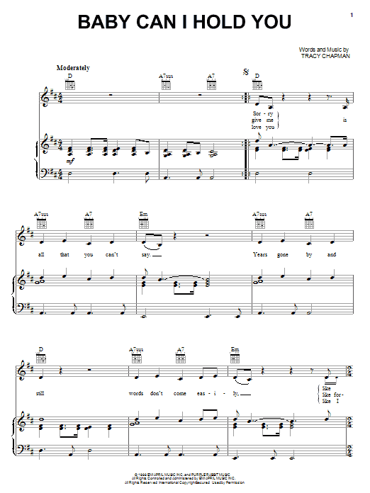 Download Tracy Chapman Baby Can I Hold You Sheet Music and learn how to play Piano, Vocal & Guitar (Right-Hand Melody) PDF digital score in minutes