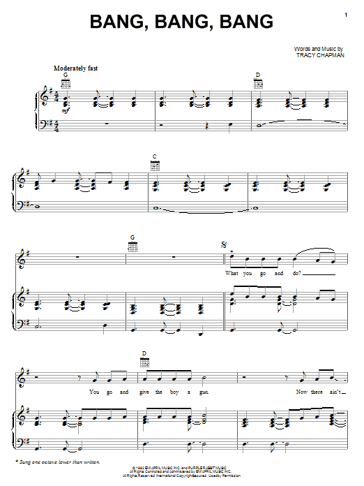 Download Tracy Chapman Bang Bang Bang Sheet Music and learn how to play Piano, Vocal & Guitar (Right-Hand Melody) PDF digital score in minutes