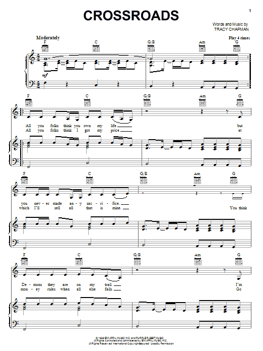 Download Tracy Chapman Crossroads Sheet Music and learn how to play Piano, Vocal & Guitar (Right-Hand Melody) PDF digital score in minutes