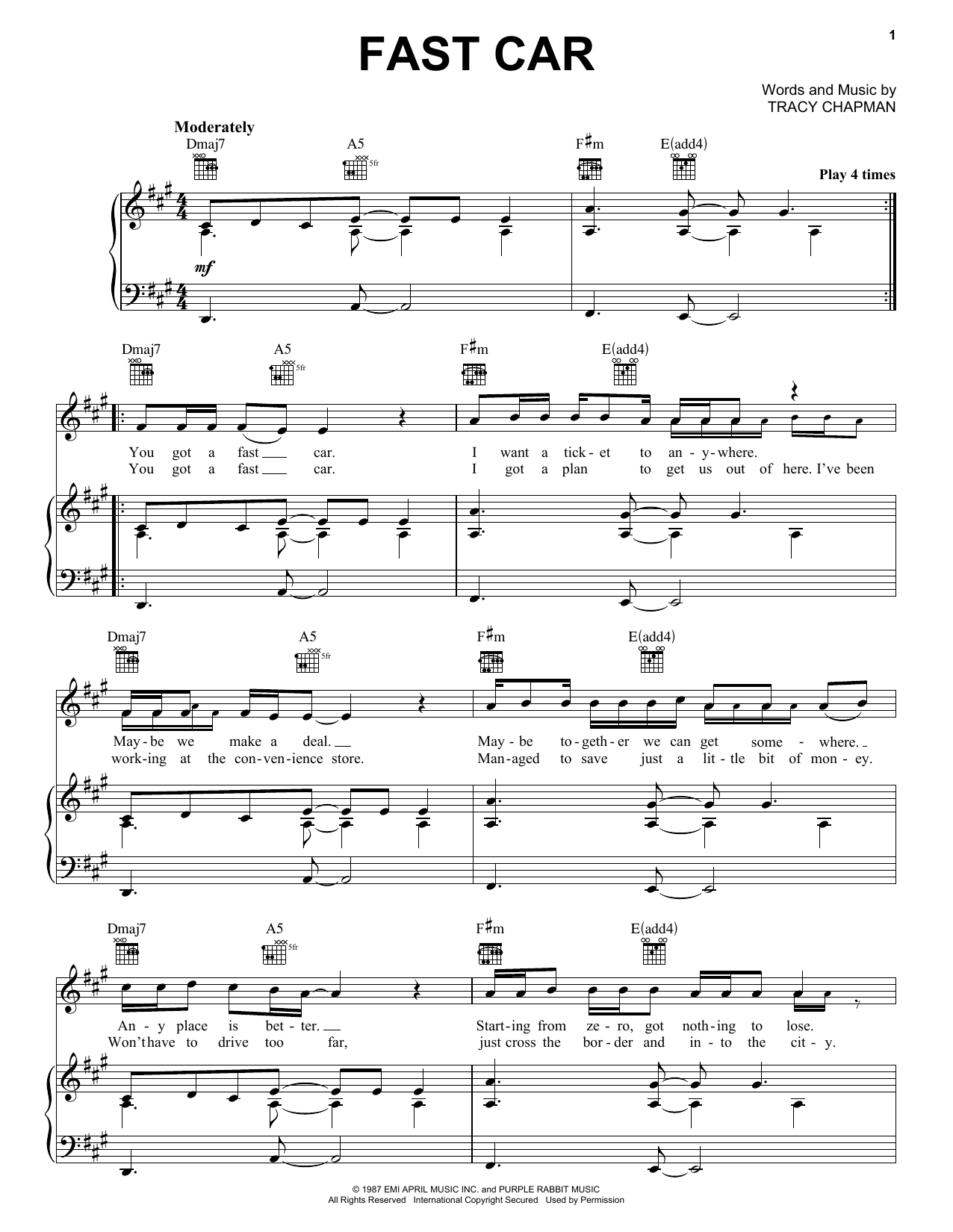 Download Tracy Chapman Fast Car Sheet Music and learn how to play Guitar Tab PDF digital score in minutes