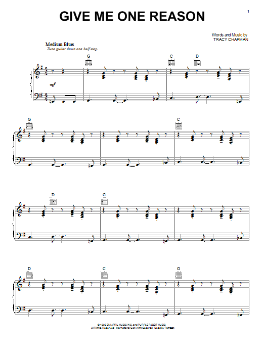Download Tracy Chapman Give Me One Reason Sheet Music and learn how to play Piano, Vocal & Guitar (Right-Hand Melody) PDF digital score in minutes