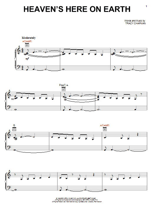 Download Tracy Chapman Heaven's Here On Earth Sheet Music and learn how to play Piano, Vocal & Guitar (Right-Hand Melody) PDF digital score in minutes