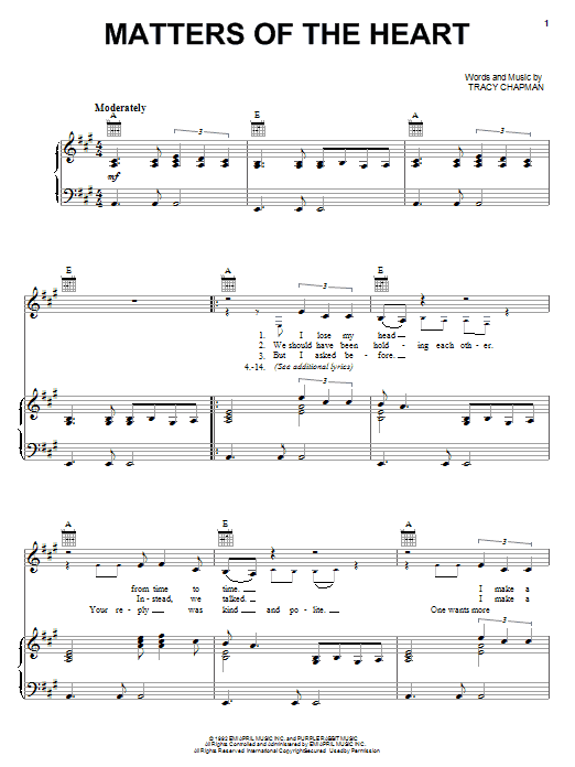 Download Tracy Chapman Matters Of The Heart Sheet Music and learn how to play Piano, Vocal & Guitar (Right-Hand Melody) PDF digital score in minutes