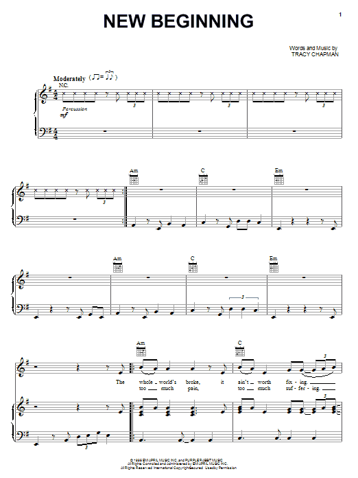 Download Tracy Chapman New Beginning Sheet Music and learn how to play Piano, Vocal & Guitar (Right-Hand Melody) PDF digital score in minutes