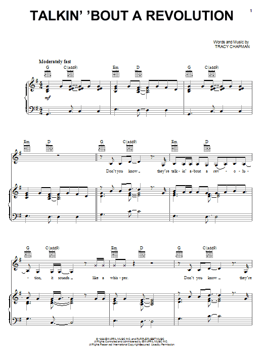 Download Tracy Chapman Talkin' Bout A Revolution Sheet Music and learn how to play Piano, Vocal & Guitar (Right-Hand Melody) PDF digital score in minutes