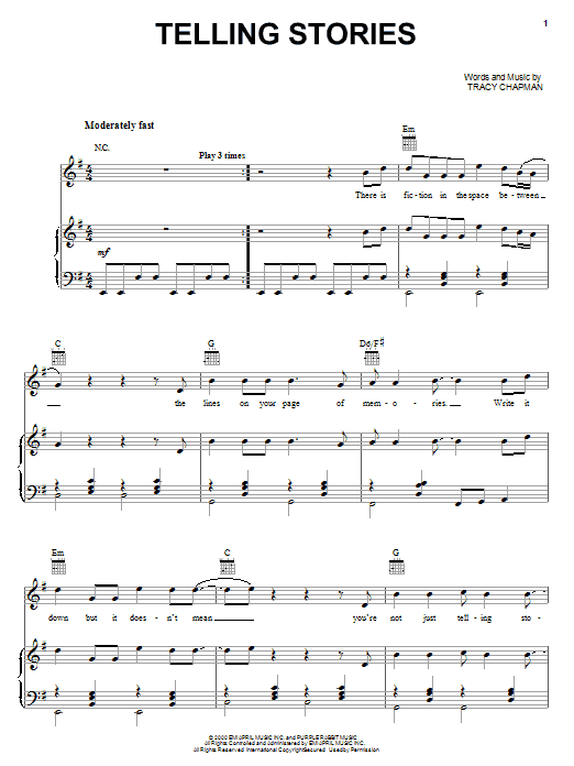 Download Tracy Chapman Telling Stories Sheet Music and learn how to play Piano, Vocal & Guitar (Right-Hand Melody) PDF digital score in minutes