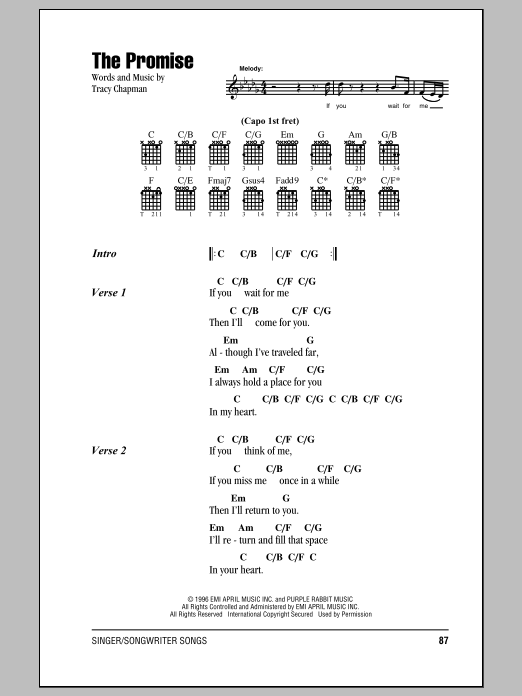 Download Tracy Chapman The Promise Sheet Music and learn how to play Lyrics & Chords PDF digital score in minutes