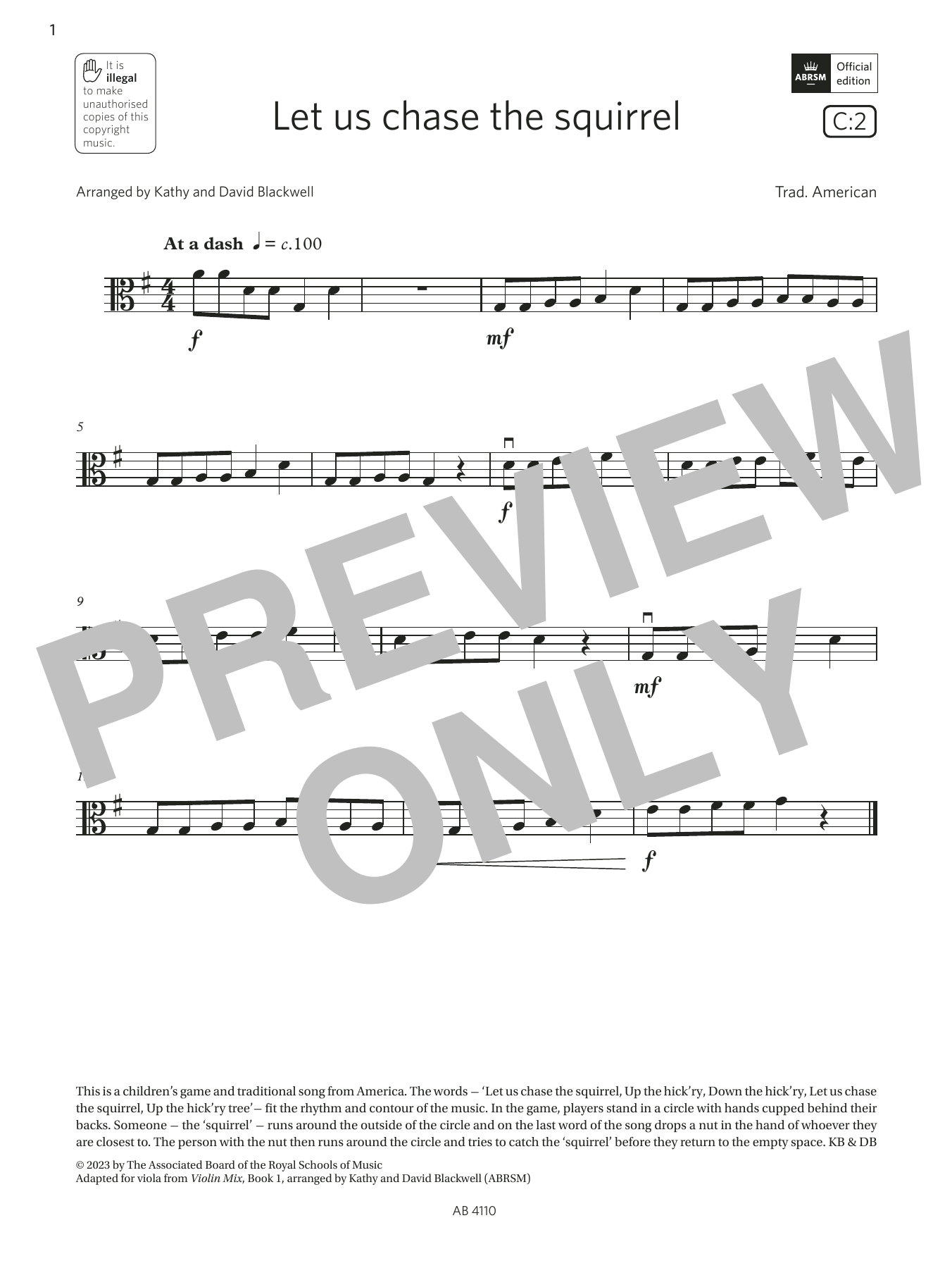 Download Trad. American Let us chase the squirrel (Grade Initial, C2, from the ABRSM Viola Syllabus from Sheet Music and learn how to play Viola Solo PDF digital score in minutes