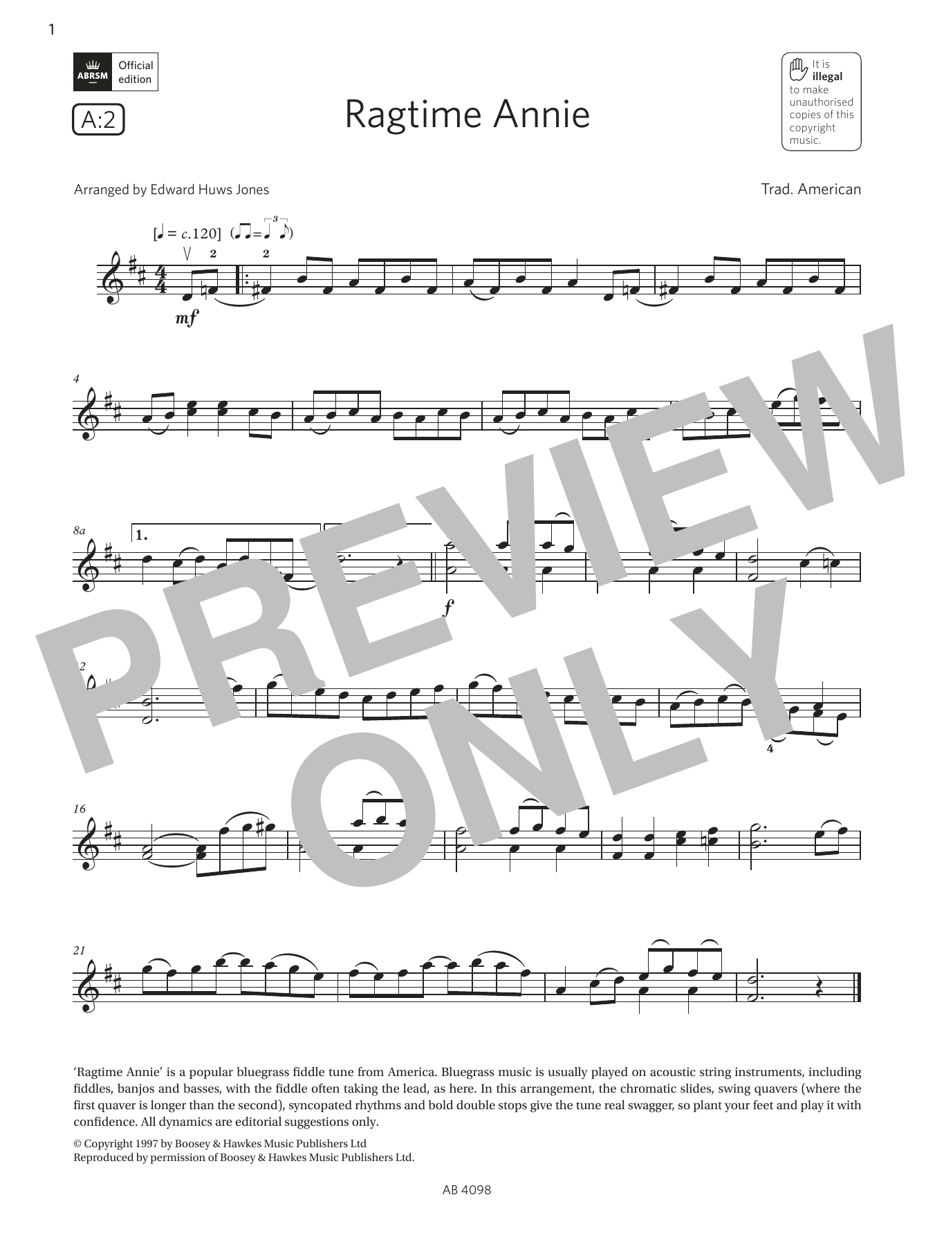 Download Trad. American Ragtime Annie (Grade 4, A2, from the ABRSM Violin Syllabus from 2024) Sheet Music and learn how to play Violin Solo PDF digital score in minutes