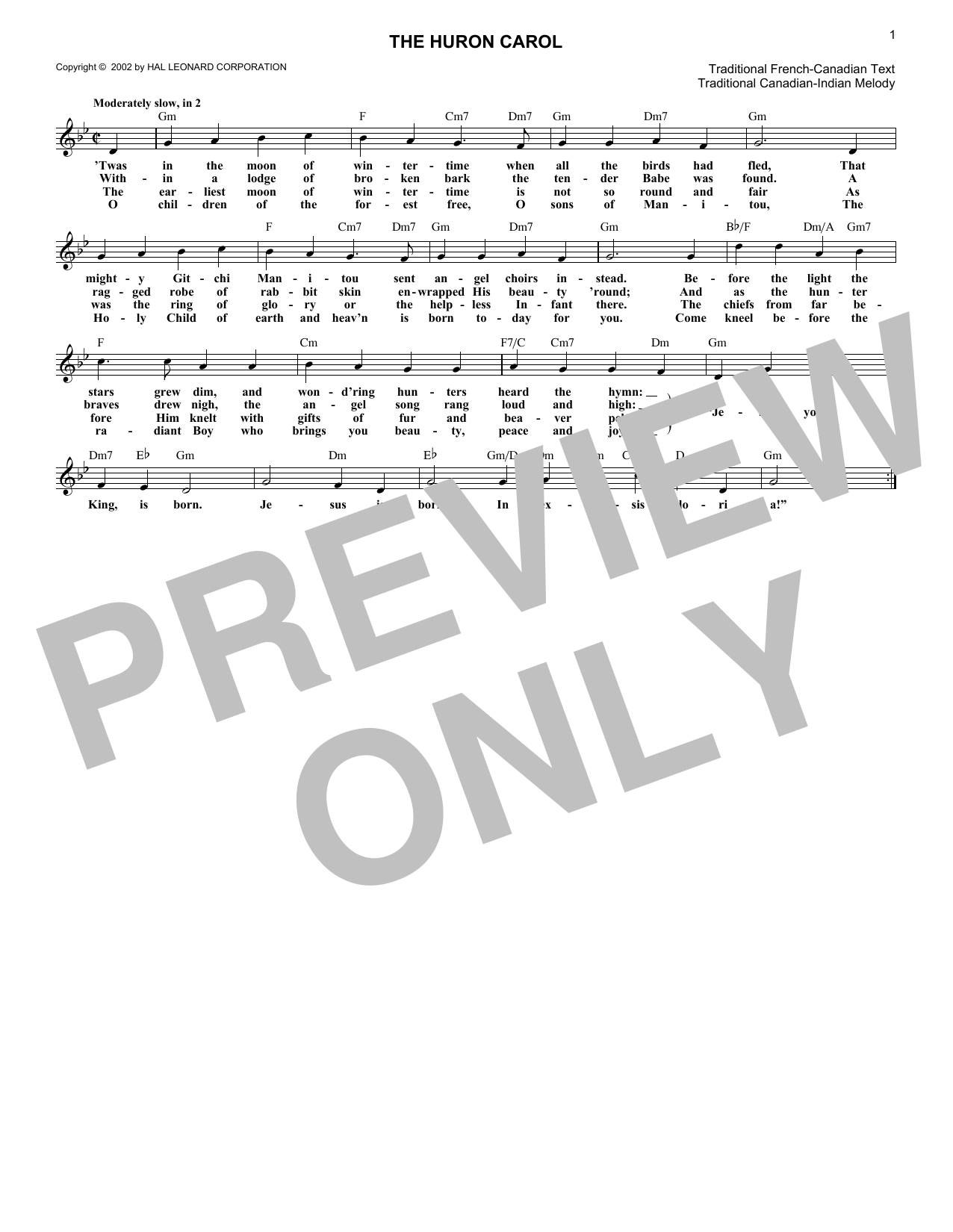 Download Trad. Canadian-Indian Melody The Huron Carol Sheet Music and learn how to play Melody Line, Lyrics & Chords PDF digital score in minutes