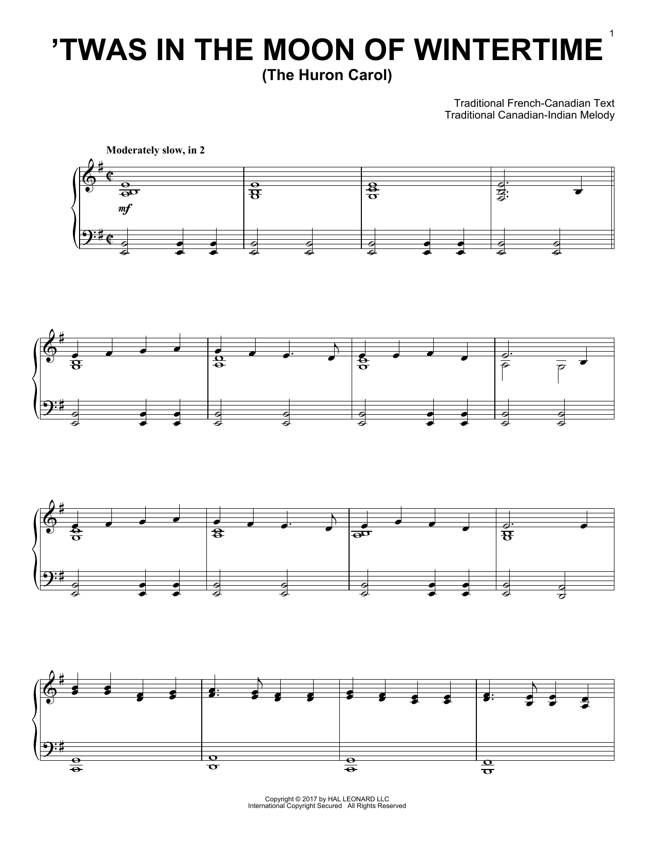 Download Traditional The Huron Carol ('Twas In The Moon Of Wintertime) Sheet Music and learn how to play Melody Line, Lyrics & Chords PDF digital score in minutes
