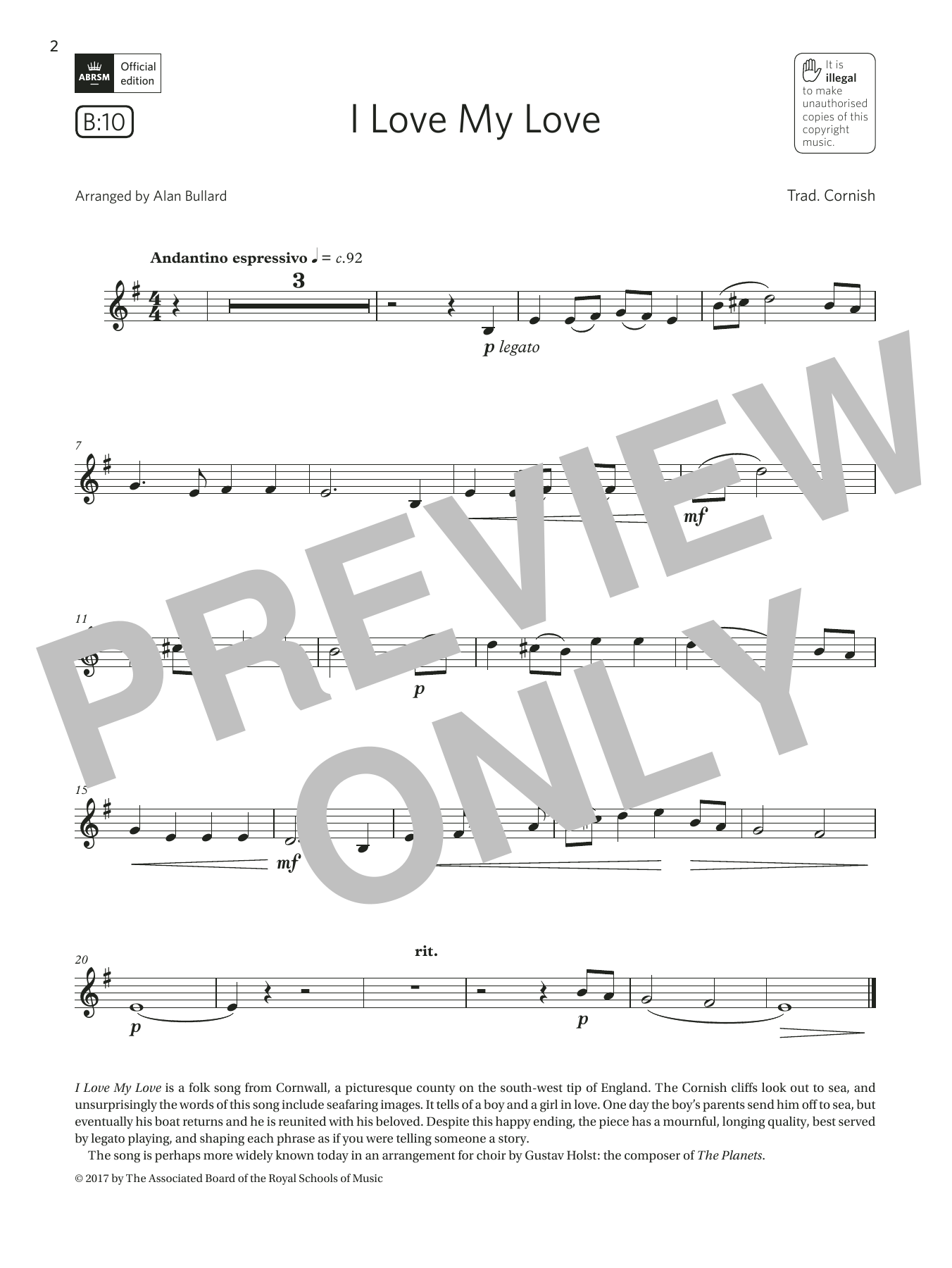 Download Trad. Cornish I Love My Love (Grade 2 List B10 from the ABRSM Clarinet syllabus from 2022) Sheet Music and learn how to play Clarinet Solo PDF digital score in minutes