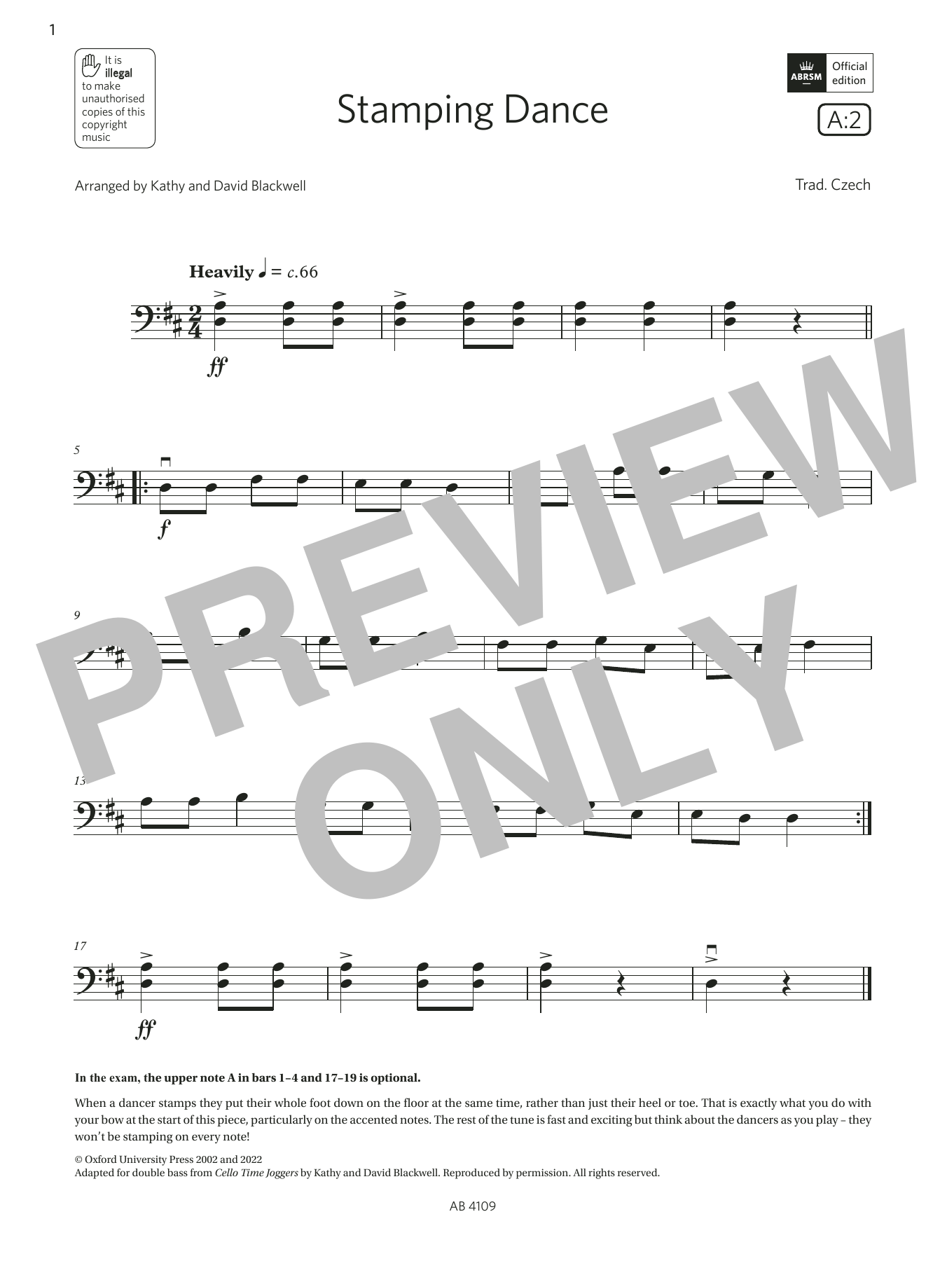 Download Trad. Czech Stamping Dance (Grade Initial, A2, from the ABRSM Double Bass Syllabus from 2024 Sheet Music and learn how to play String Bass Solo PDF digital score in minutes