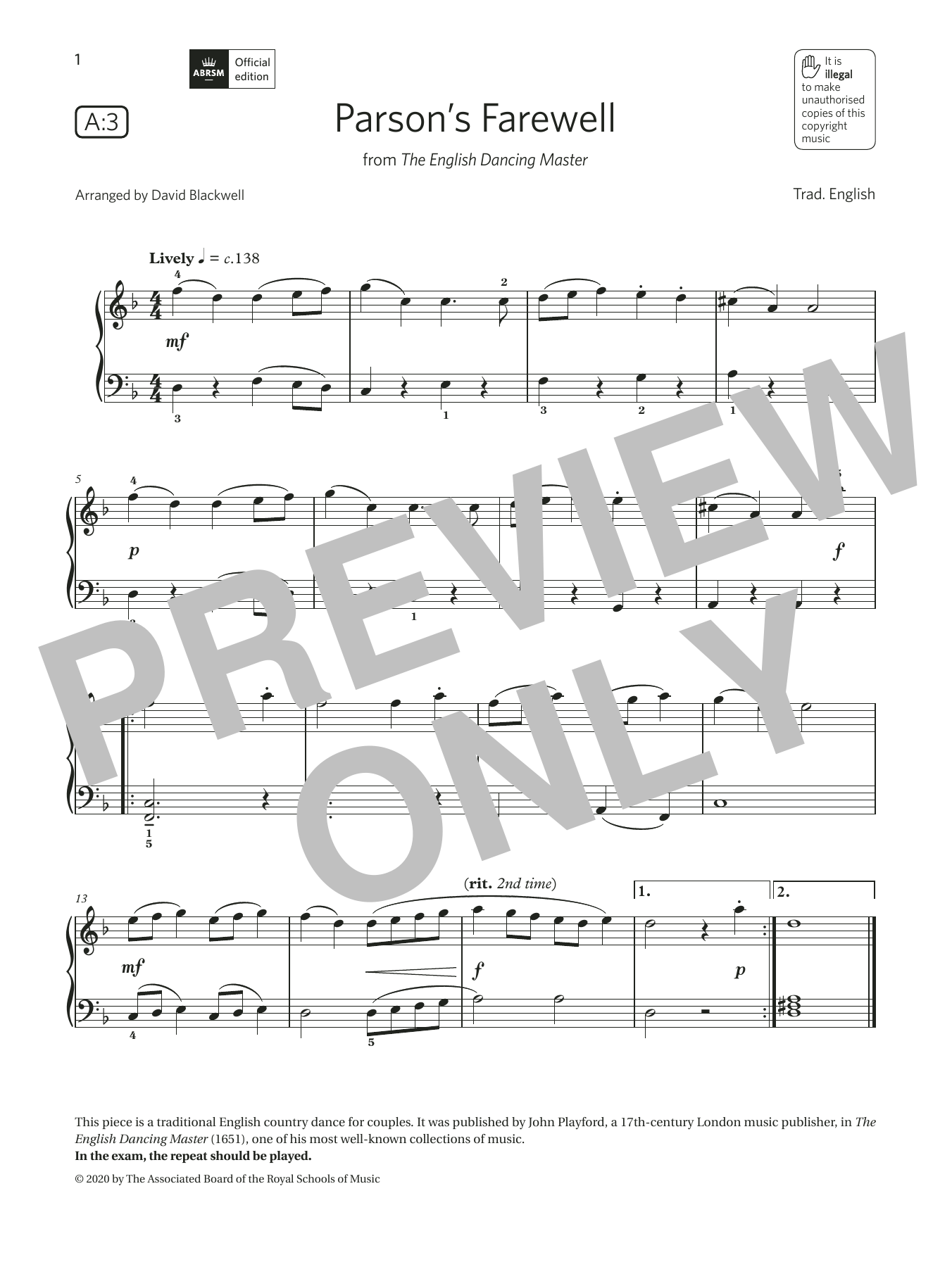 Download Trad. English Parson's Farewell (Grade 1, list A3, from the ABRSM Piano Syllabus 2021 & 2022) Sheet Music and learn how to play Piano Solo PDF digital score in minutes