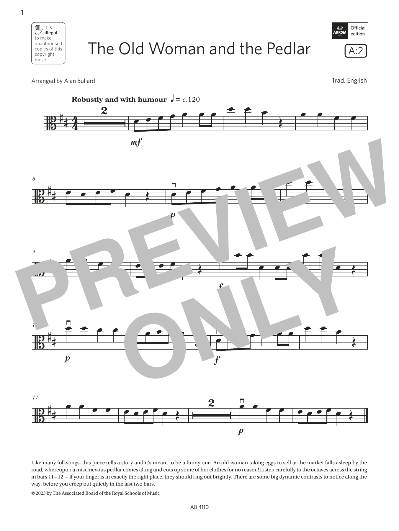 Download Trad. English The Old Woman and the Pedlar (Grade Initial, A2, from the ABRSM Viola Syllabus f Sheet Music and learn how to play Viola Solo PDF digital score in minutes