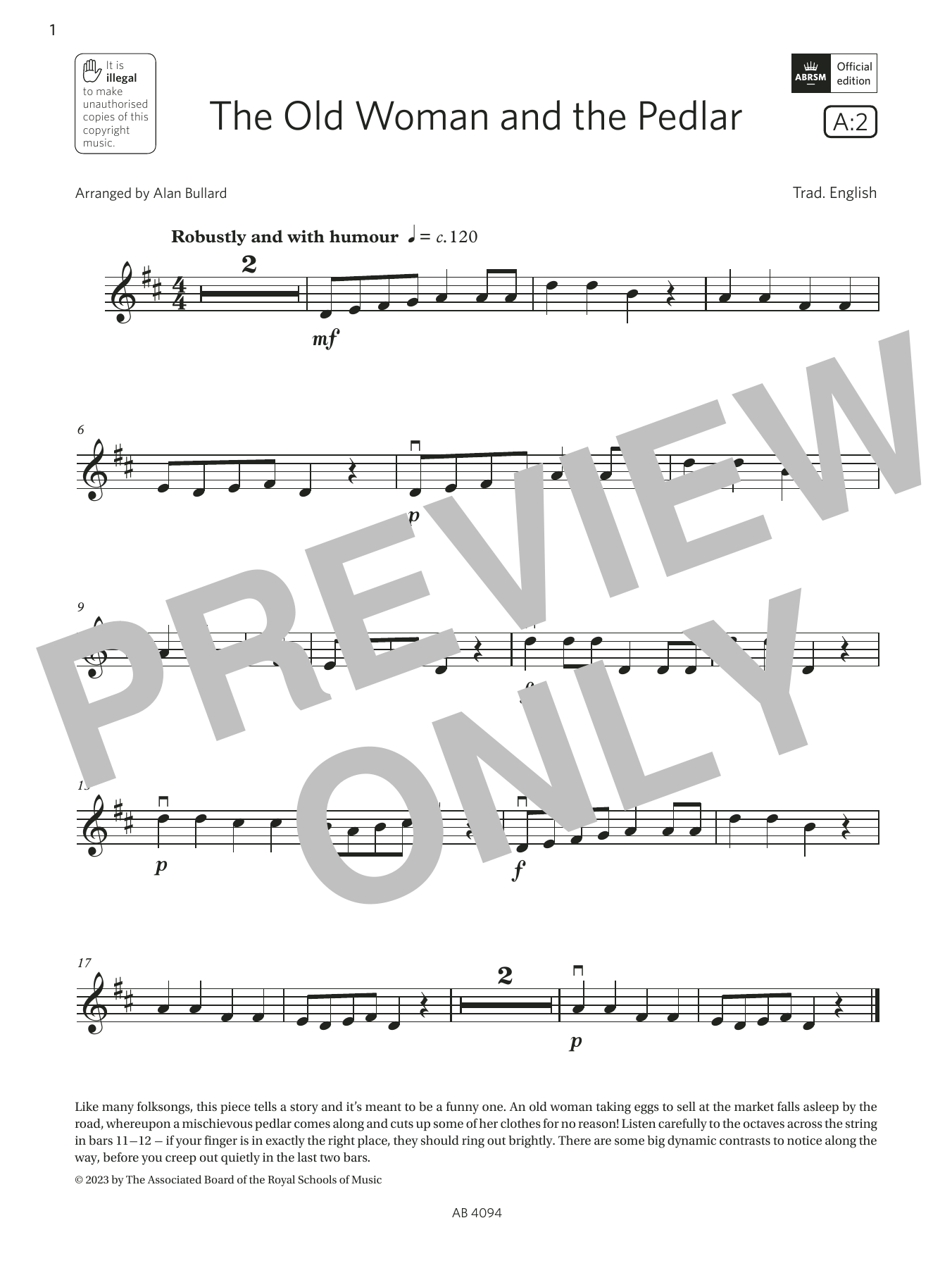 Download Trad. English The Old Woman and the Pedlar (Grade Initial, A2, from the ABRSM Violin Syllabus Sheet Music and learn how to play Violin Solo PDF digital score in minutes