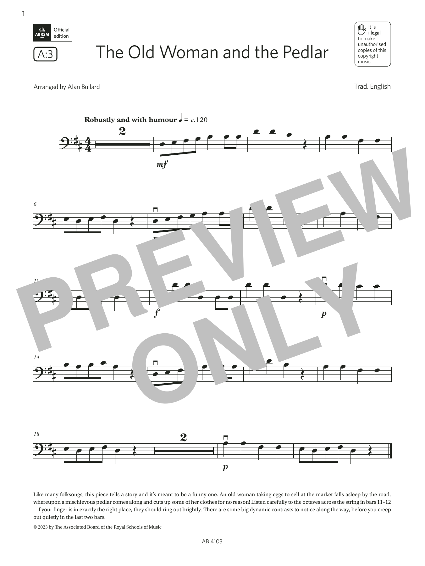 Download Trad. English The Old Woman and the Pedlar (Grade Initial, A3, from the ABRSM Cello Syllabus f Sheet Music and learn how to play Cello Solo PDF digital score in minutes