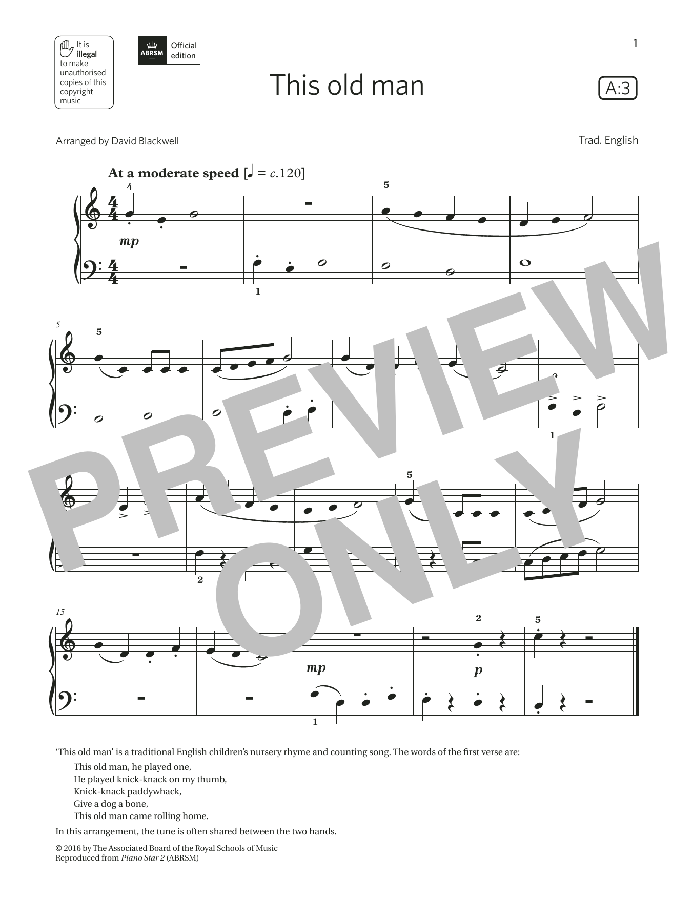 Download Trad. English This old man (Grade Initial, list A3, from the ABRSM Piano Syllabus 2021 & 2022) Sheet Music and learn how to play Piano Solo PDF digital score in minutes