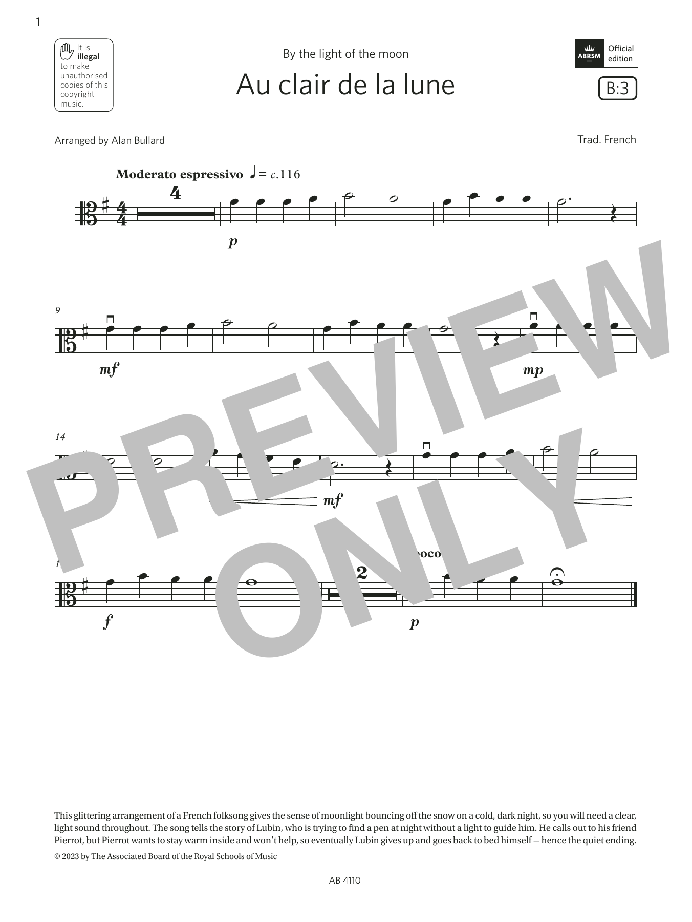 Download Trad. French Au clair de la lune (Grade Initial, B3, from the ABRSM Viola Syllabus from 2024) Sheet Music and learn how to play Viola Solo PDF digital score in minutes