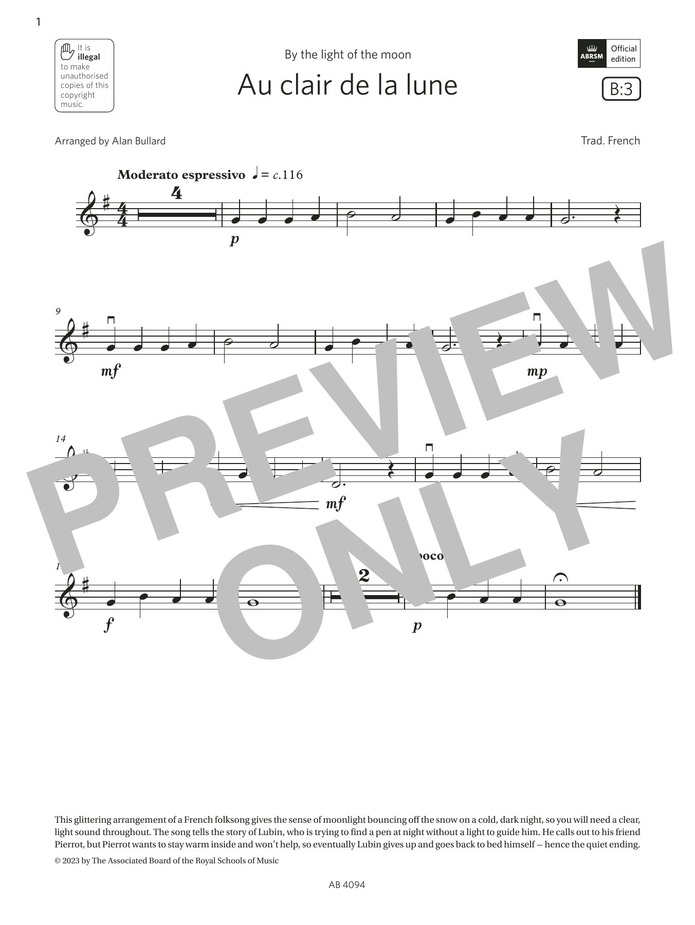 Download Trad. French Au clair de la lune (Grade Initial, B3, from the ABRSM Violin Syllabus from 2024 Sheet Music and learn how to play Violin Solo PDF digital score in minutes