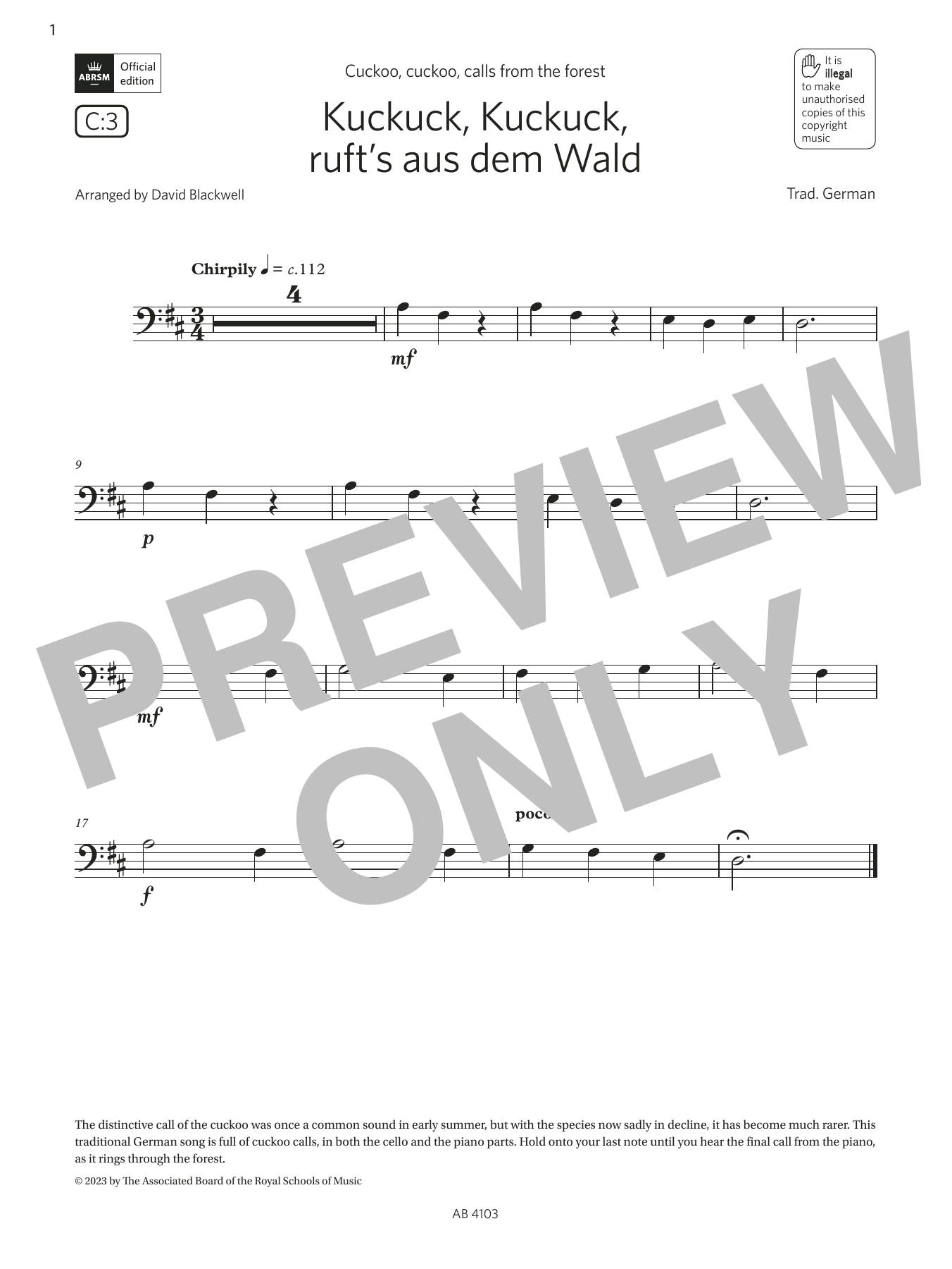 Download Trad. German Kuckuck, Kuckuck, ruft's aus dem Wald (Grade Initial, C3, from the ABRSM Cello Sheet Music and learn how to play Cello Solo PDF digital score in minutes