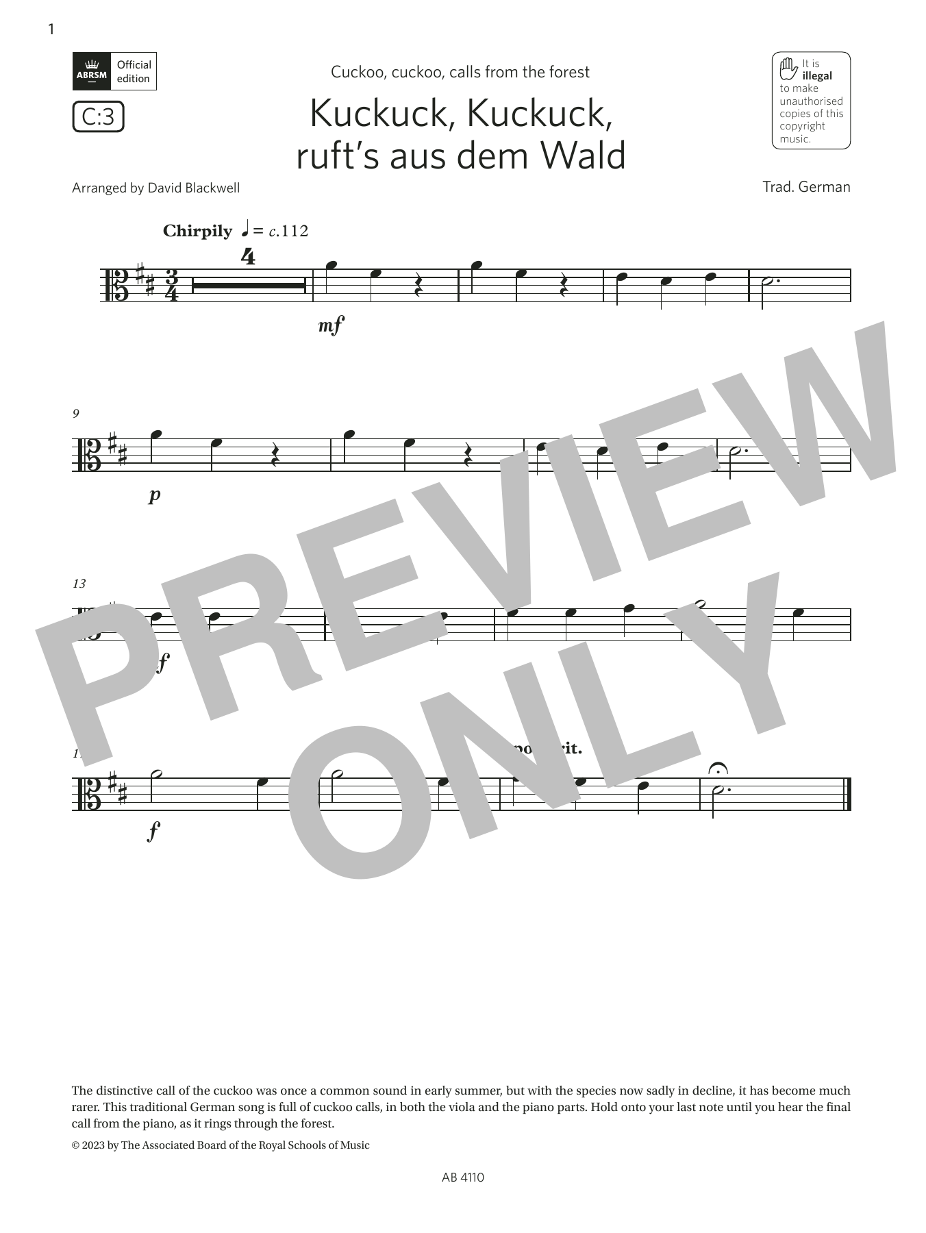 Download Trad. German Kuckuck, Kuckuck ruft's aus dem Wald (Grade Initial, C3, from the ABRSM Viola Sy Sheet Music and learn how to play Viola Solo PDF digital score in minutes