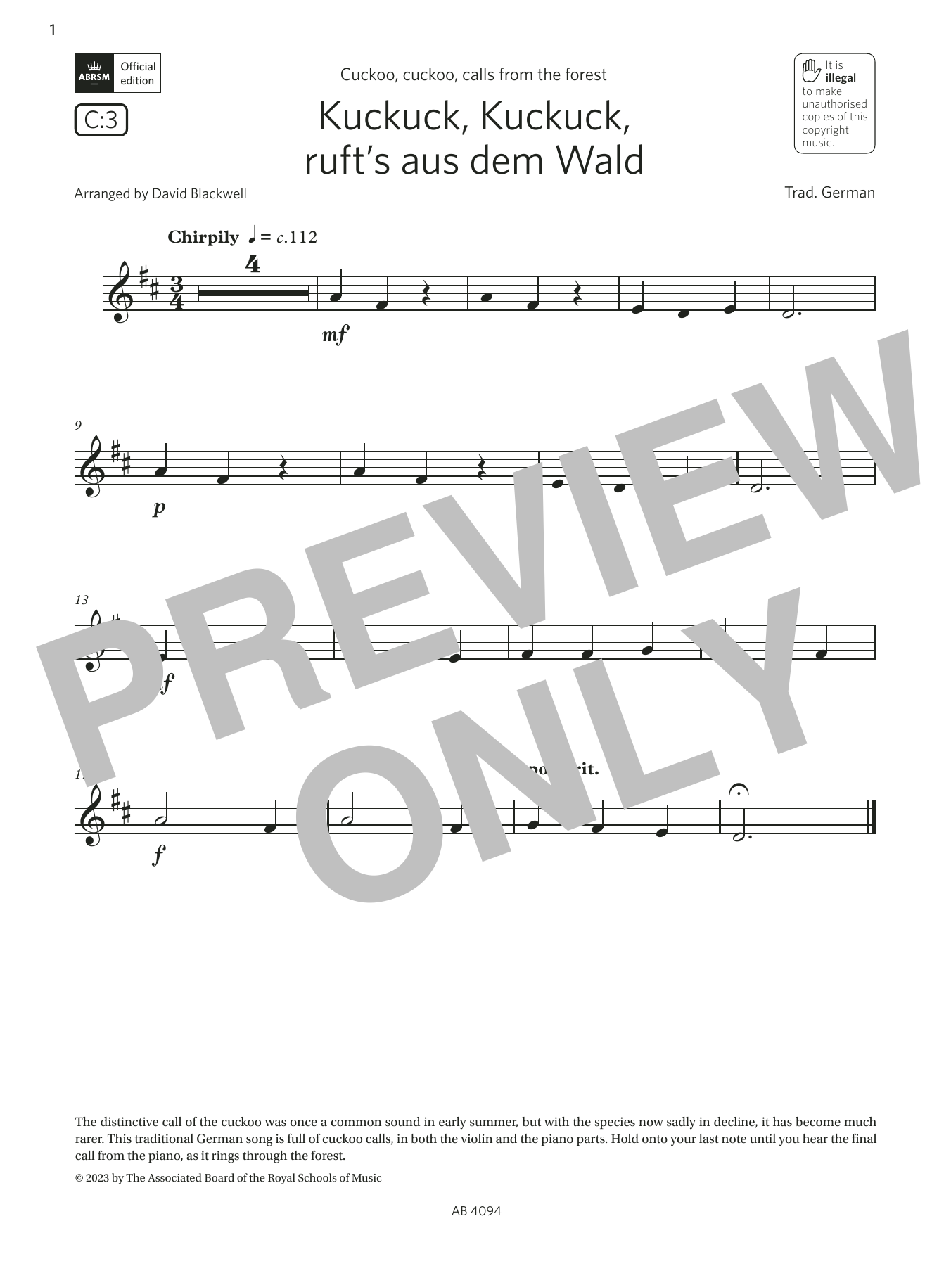 Download Trad. German Kuckuck, Kuckuck, ruft's aus dem Wald (Grade Initial, C3, from the ABRSM Violin Sheet Music and learn how to play Violin Solo PDF digital score in minutes