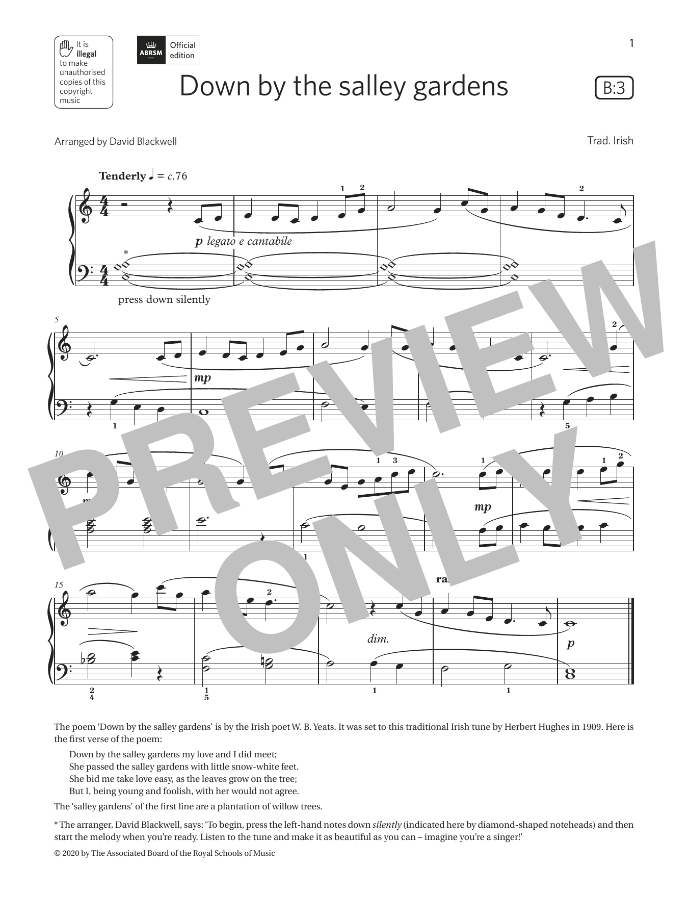 Download Trad. Irish Down by the salley gardens (Grade 1, list B3, from the ABRSM Piano Syllabus 2021 Sheet Music and learn how to play Piano Solo PDF digital score in minutes