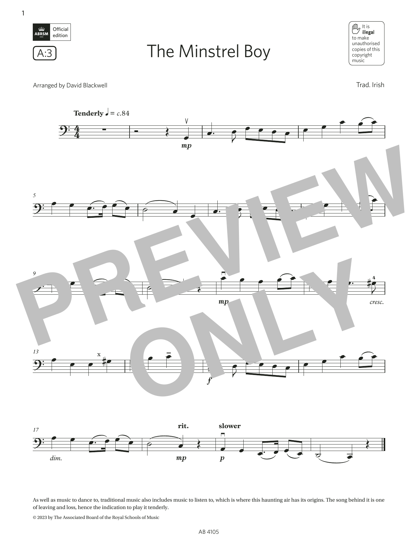 Download Trad. Irish The Minstrel Boy (Grade 2, A3, from the ABRSM Cello Syllabus from 2024) Sheet Music and learn how to play Cello Solo PDF digital score in minutes