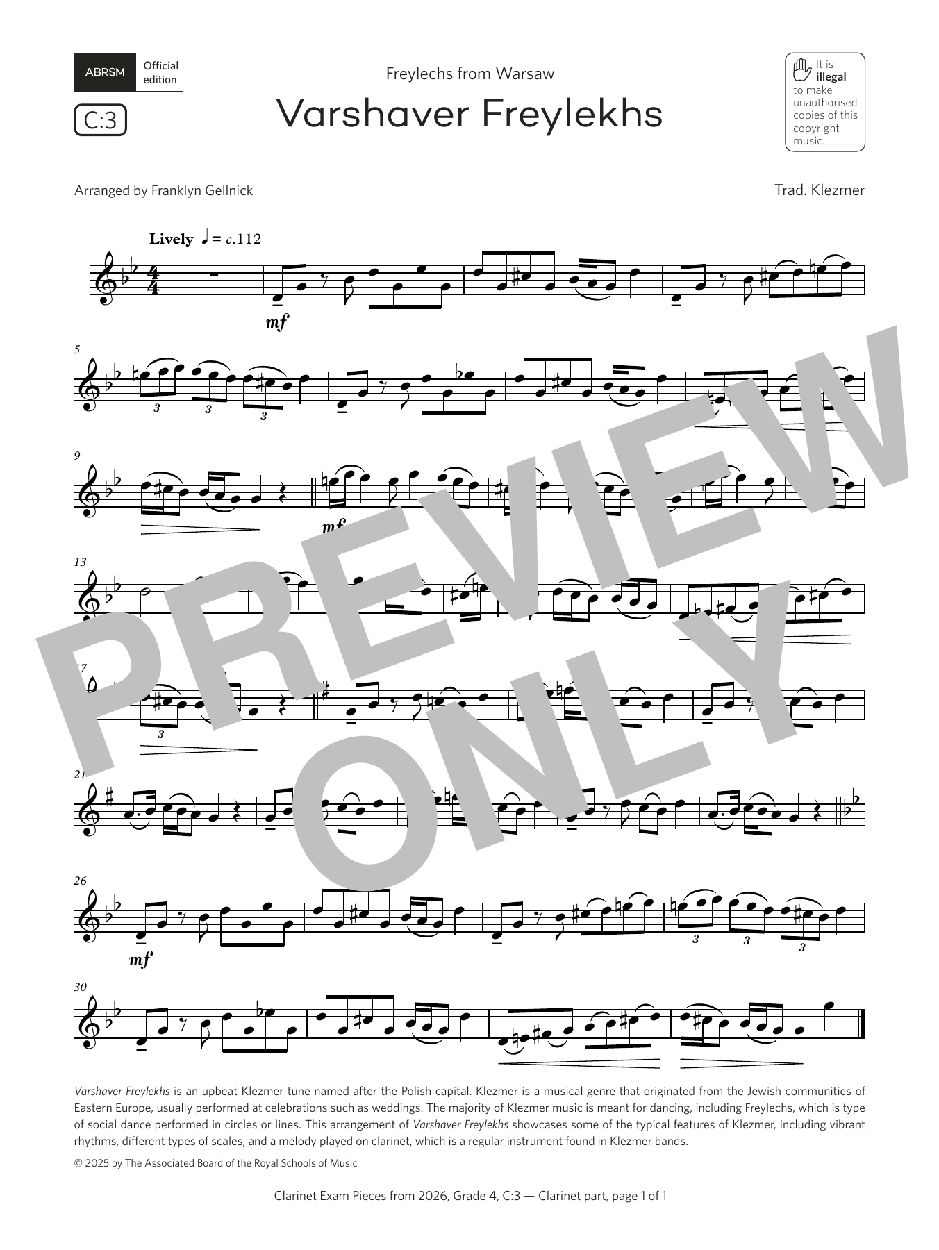 Download Trad. Klezmer Varshaver Freylekhs (Grade 4, list C3, from the ABRSM Clarinet Syllabus from 202 Sheet Music and learn how to play Clarinet Solo PDF digital score in minutes