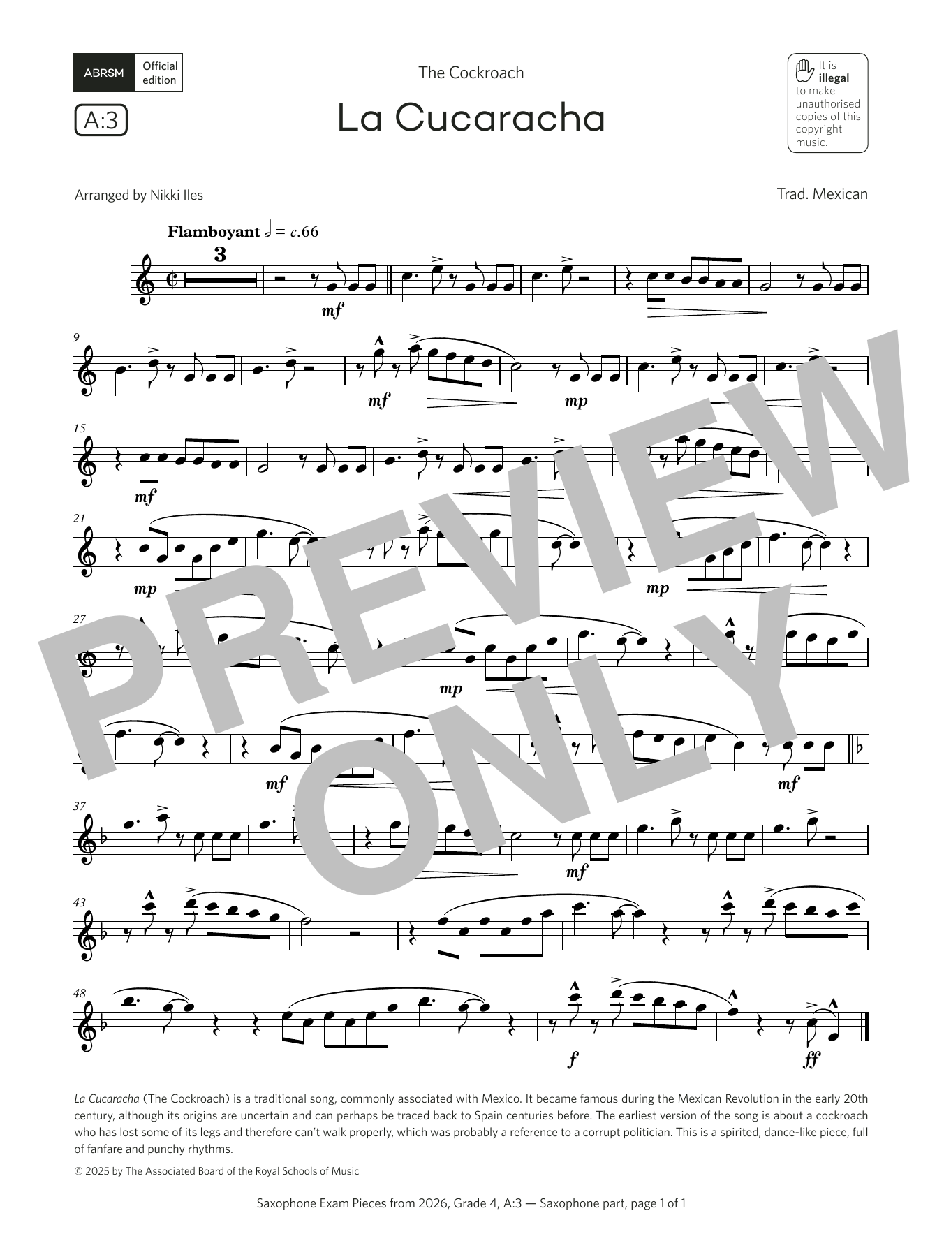 Download Trad. Mexican La Cucaracha (Grade 4, list A3, from the ABRSM Saxophone Syllabus from 2026) Sheet Music and learn how to play Alto Sax Solo PDF digital score in minutes