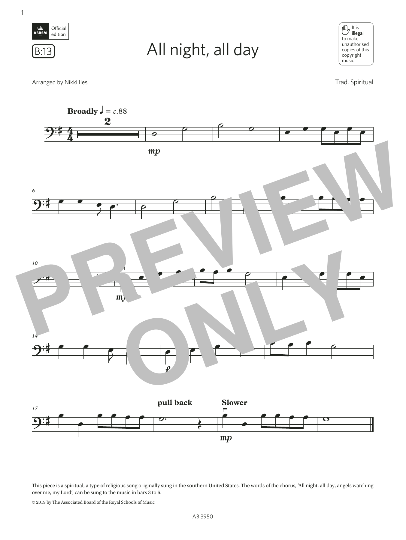 Download Trad. Spiritual All Night, All Day (Grade Initial, B13, from the ABRSM Double Bass Syllabus from Sheet Music and learn how to play String Bass Solo PDF digital score in minutes