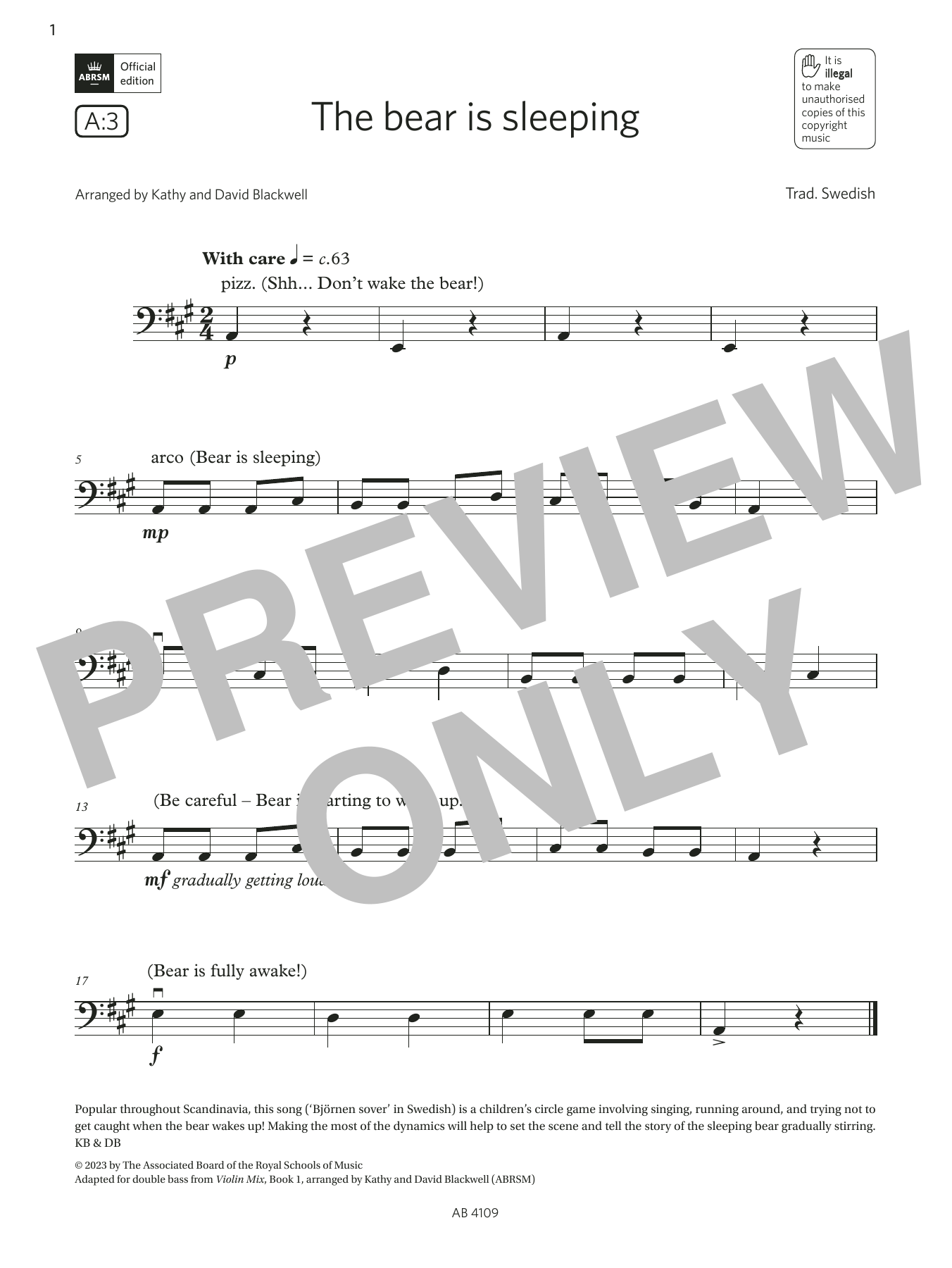 Download Trad. Swedish The bear is sleeping (Grade Initial, A3, from the ABRSM Double Bass Syllabus fro Sheet Music and learn how to play String Bass Solo PDF digital score in minutes
