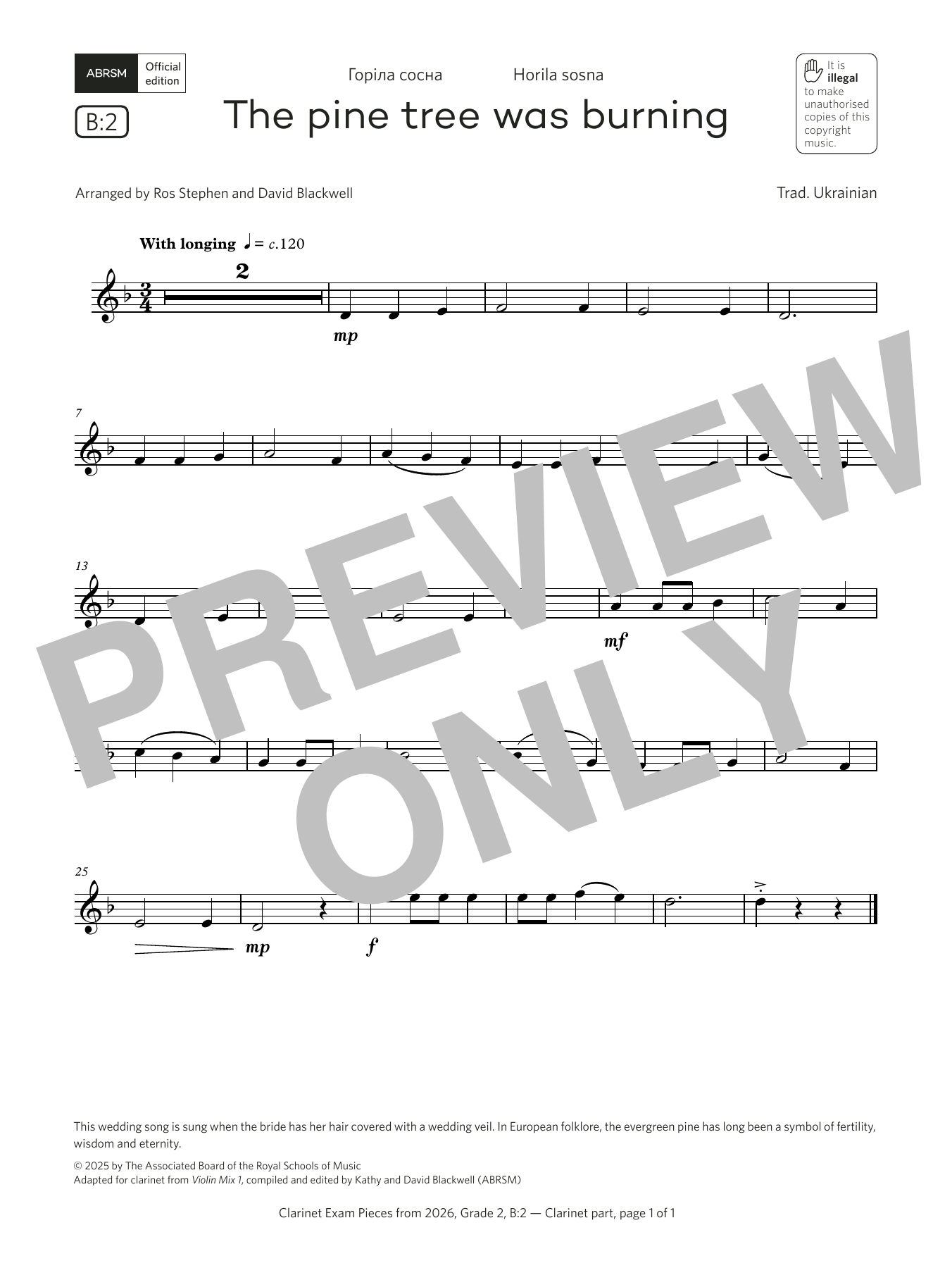Download Trad. Ukrainian The pine tree was burning (Grade 2, list B2, from the ABRSM Clarinet Syllabus fr Sheet Music and learn how to play Clarinet Solo PDF digital score in minutes