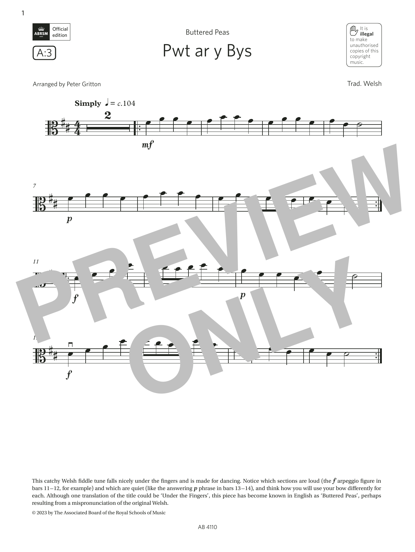 Download Trad. Welsh Pwt ar y Bys (Grade Initial, A3, from the ABRSM Viola Syllabus from 2024) Sheet Music and learn how to play Viola Solo PDF digital score in minutes