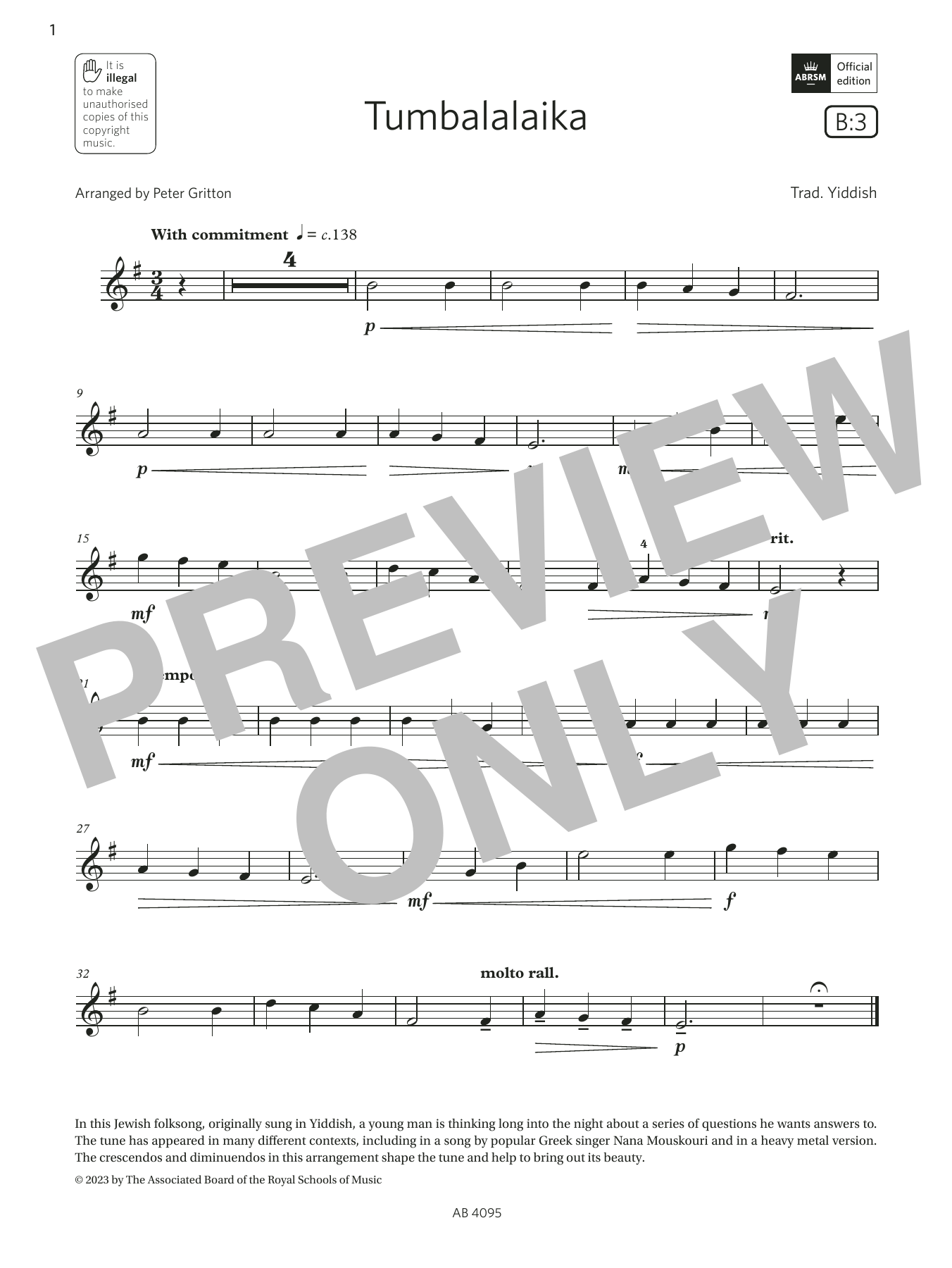 Download Trad. Yiddish Tumbalalaika (Grade 1, B3, from the ABRSM Violin Syllabus from 2024) Sheet Music and learn how to play Violin Solo PDF digital score in minutes