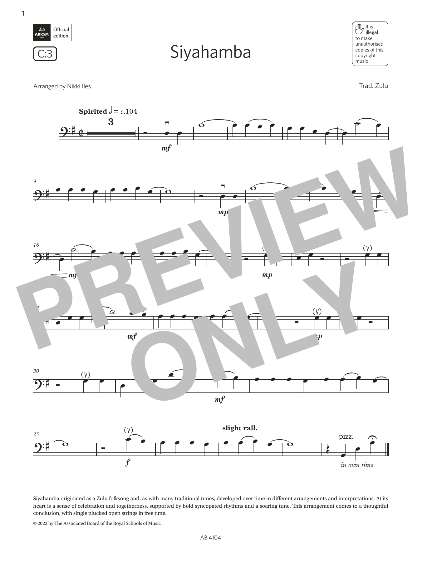 Download Trad. Zulu Siyahamba (Grade 1, C3, from the ABRSM Cello Syllabus from 2024) Sheet Music and learn how to play Cello Solo PDF digital score in minutes