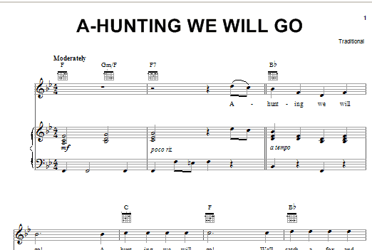 Download Traditional A-Hunting We Will Go Sheet Music and learn how to play Melody Line, Lyrics & Chords PDF digital score in minutes