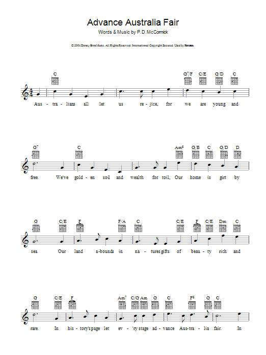 Download Peter McCormick Advance Australia Fair (Australian National Anthem) Sheet Music and learn how to play Melody Line, Lyrics & Chords PDF digital score in minutes