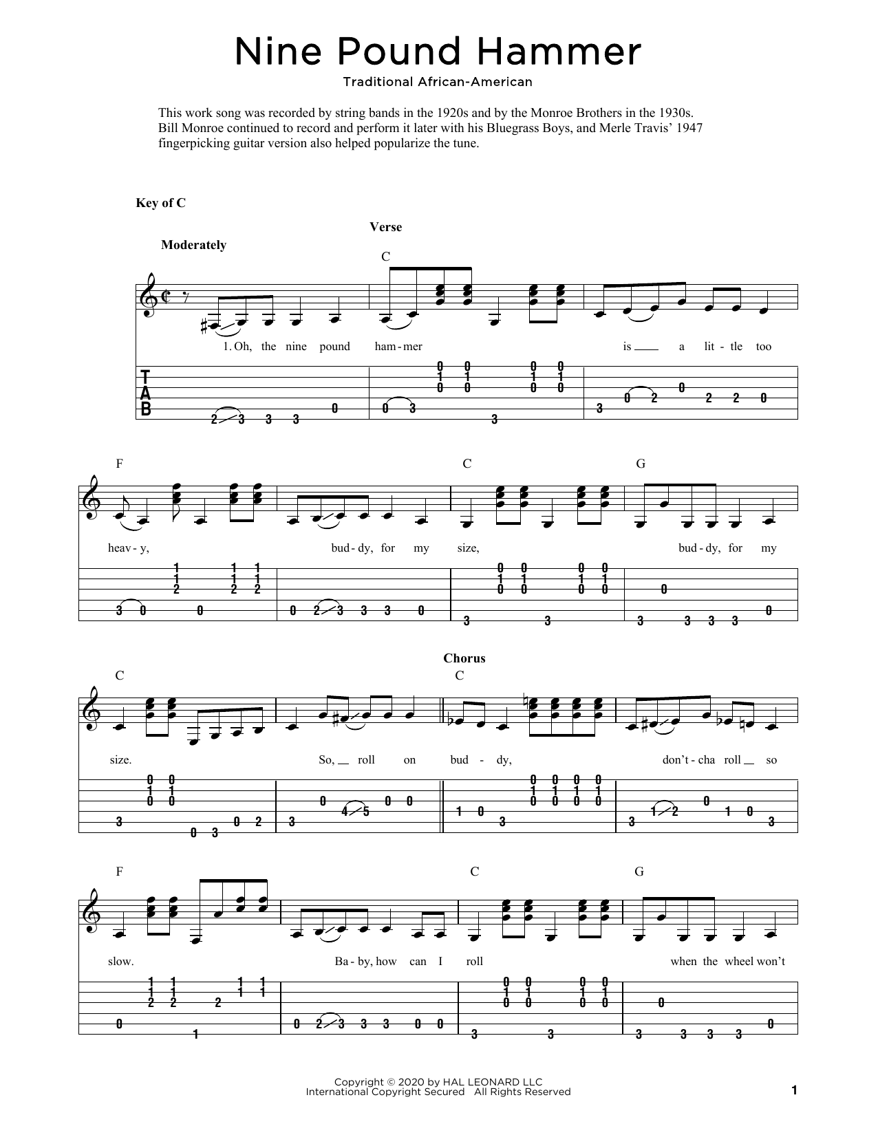 Download Traditional African-American Nine Pound Hammer (arr. Fred Sokolow) Sheet Music and learn how to play Solo Guitar PDF digital score in minutes