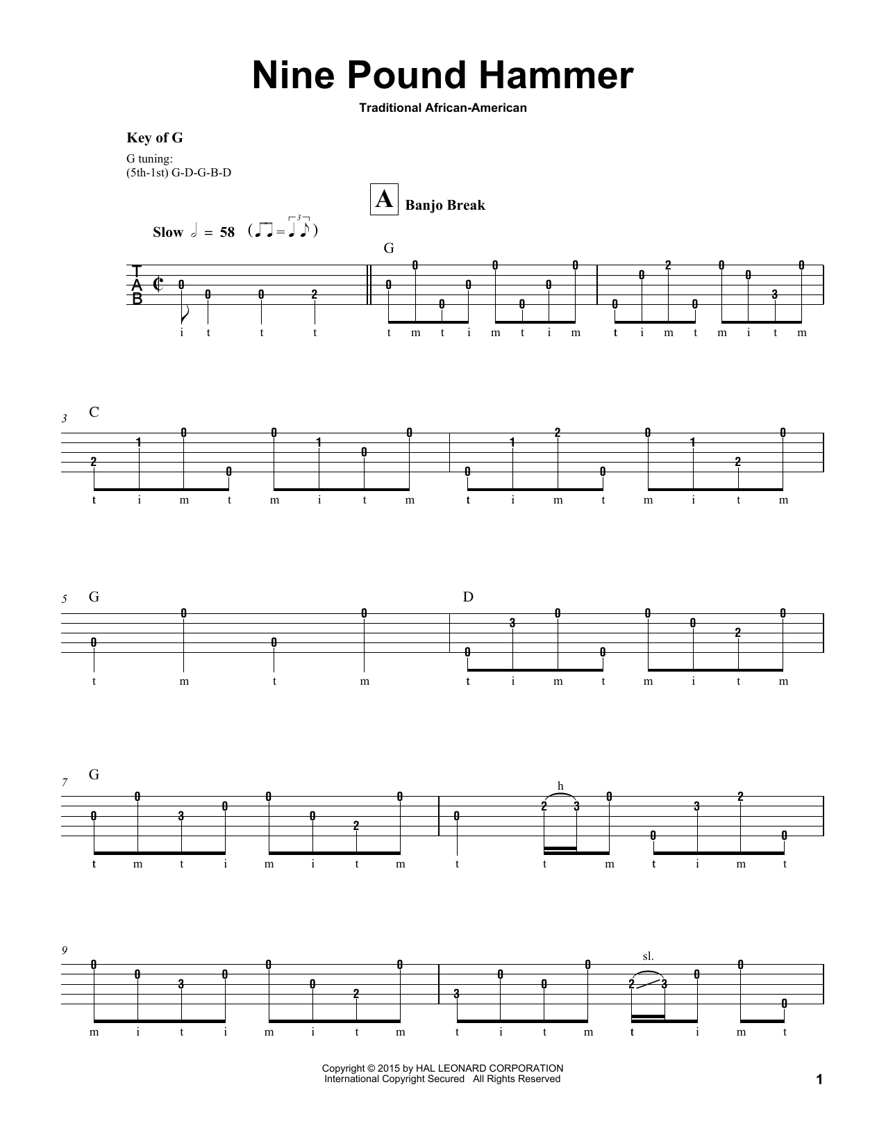 Download Merle Travis Nine Pound Hammer Sheet Music and learn how to play Banjo PDF digital score in minutes