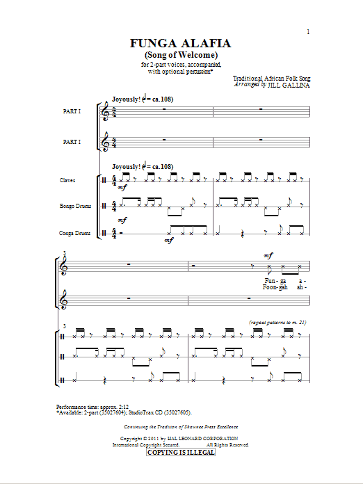 Download Jill Gallina Funga Alafia Sheet Music and learn how to play 2-Part Choir PDF digital score in minutes