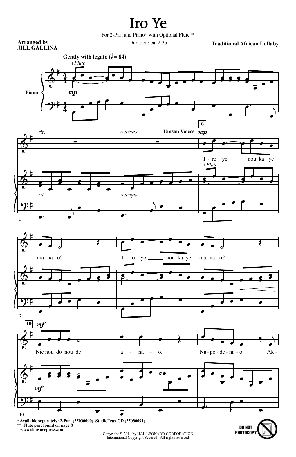 Download Jill Gallina Iro Ye Sheet Music and learn how to play 2-Part Choir PDF digital score in minutes