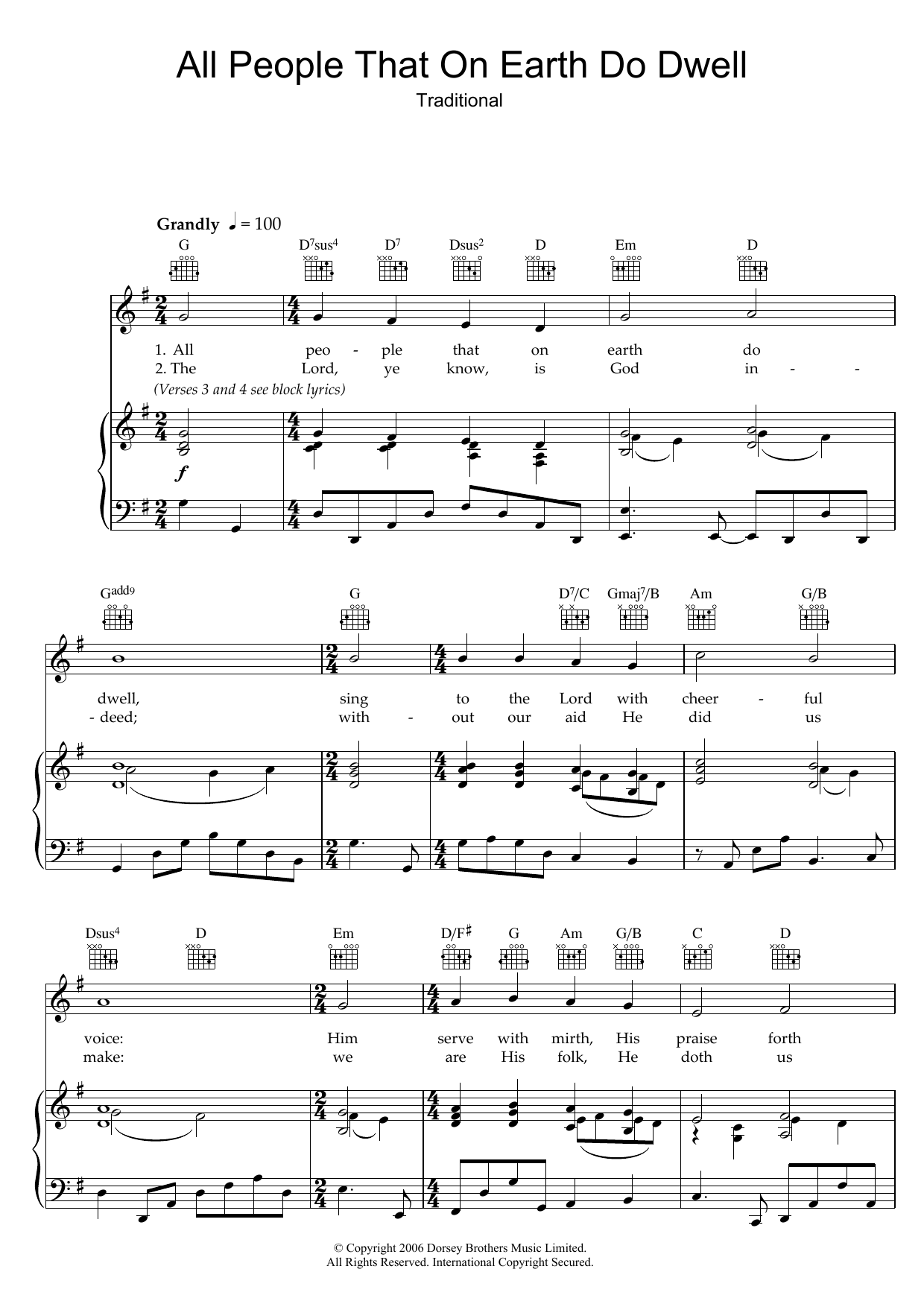 Download Traditional All People That On Earth Do Dwell Sheet Music and learn how to play Piano, Vocal & Guitar (Right-Hand Melody) PDF digital score in minutes