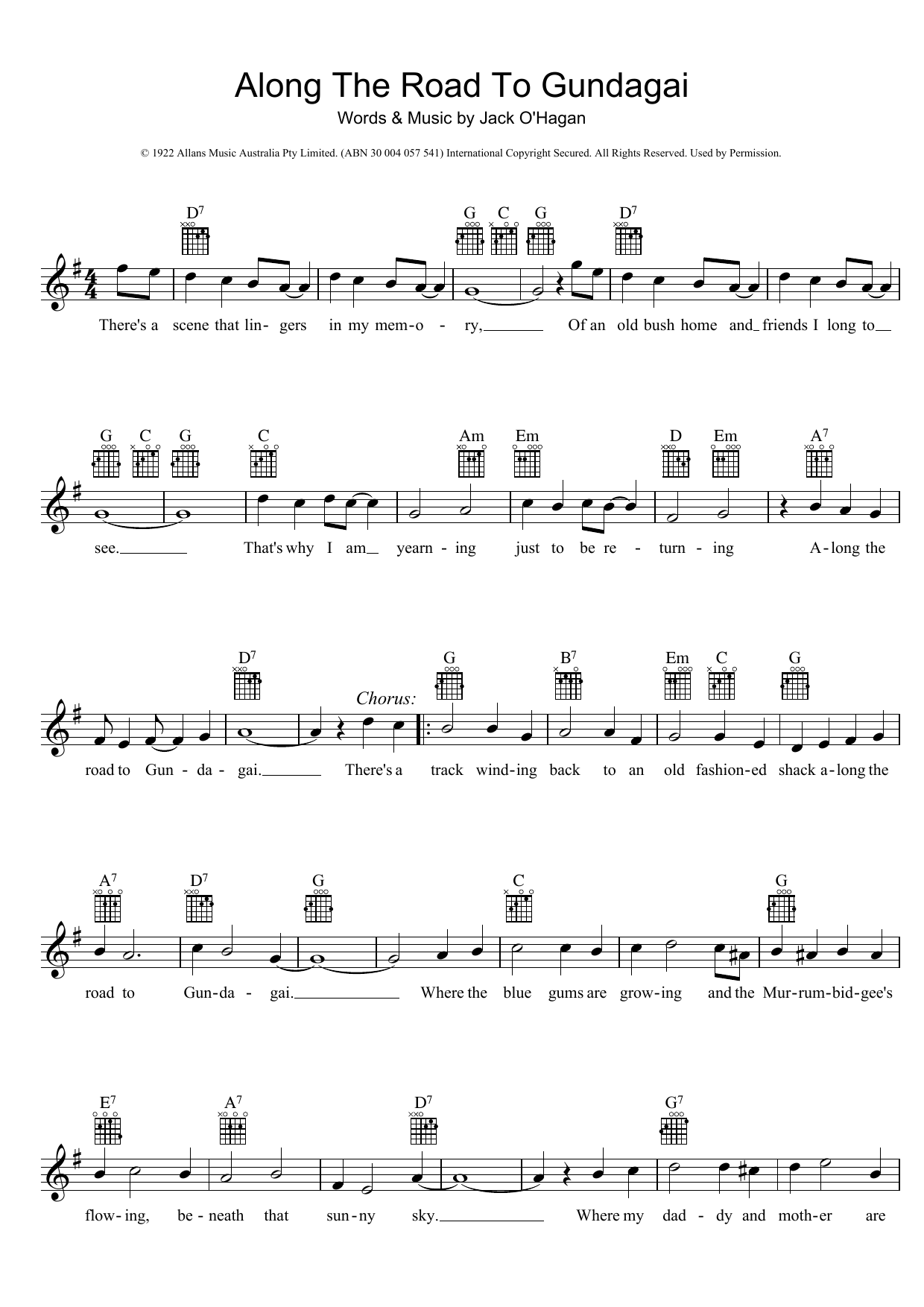 Download Traditional Along The Road To Gundagai Sheet Music and learn how to play Melody Line, Lyrics & Chords PDF digital score in minutes