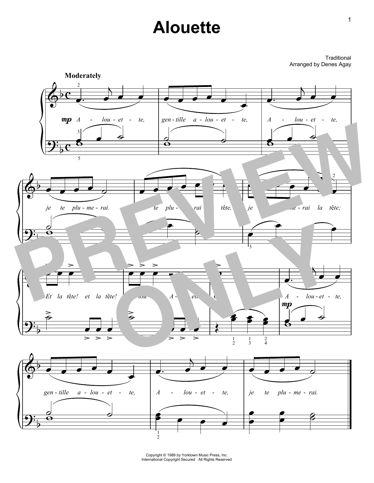 Download Traditional Alouette (arr. Denes Agay) Sheet Music and learn how to play Easy Piano PDF digital score in minutes