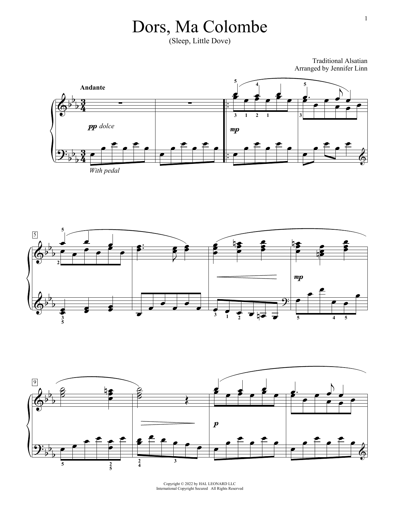 Download Traditional Alsatian Sleep Little Dove (arr. Jennifer Linn) Sheet Music and learn how to play Educational Piano PDF digital score in minutes