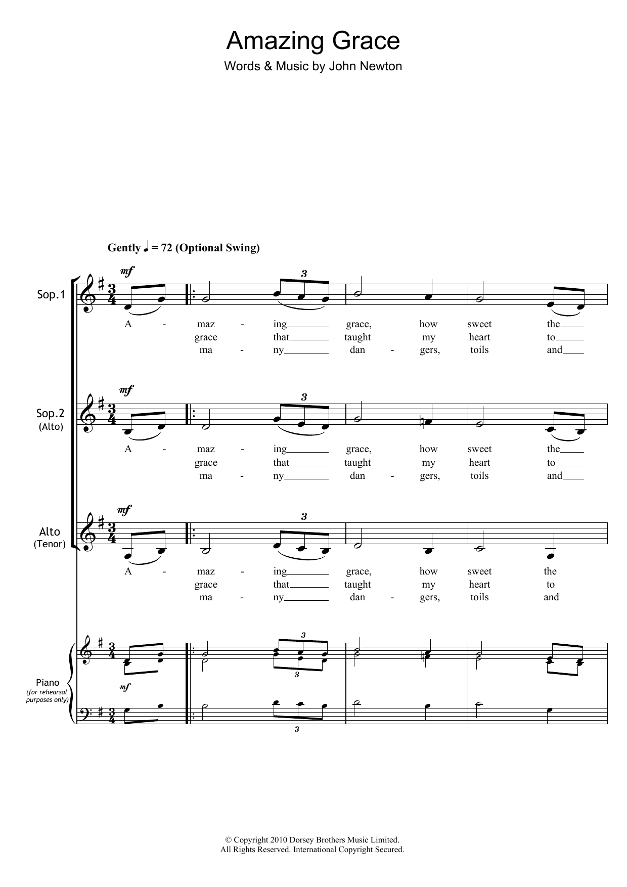 Download Traditional Amazing Grace Sheet Music and learn how to play SSA PDF digital score in minutes