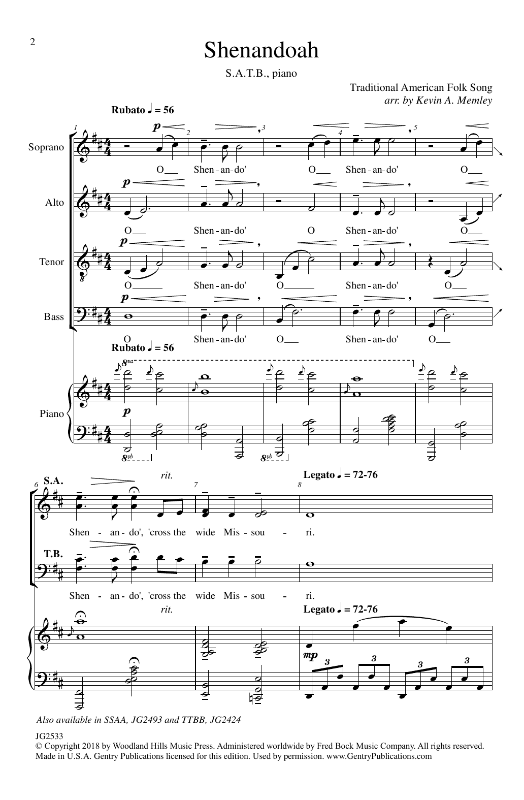 Download Traditional American Folk Song Shenandoah (arr. Kevin A. Memley) Sheet Music and learn how to play SATB Choir PDF digital score in minutes