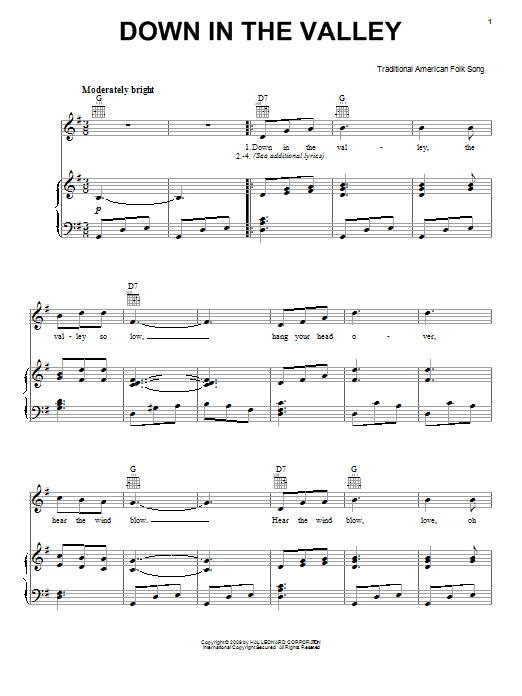 Download Traditional American Folksong Down In The Valley Sheet Music and learn how to play Melody Line, Lyrics & Chords PDF digital score in minutes